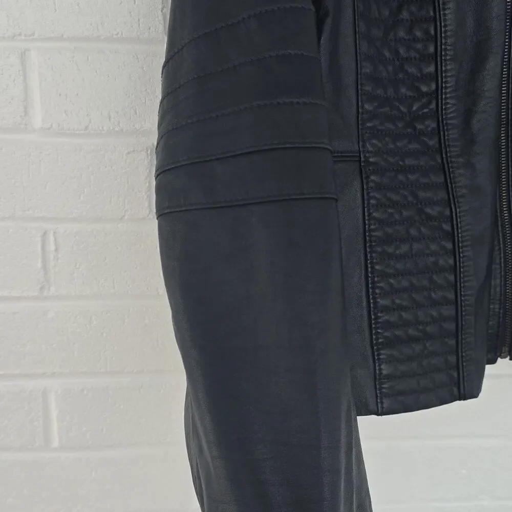 Tory Burch Leather Biker Jacket Cropped Navy Size 14